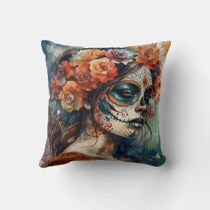 Watercolor Día de los Muertos Catrina Portrait Cushion