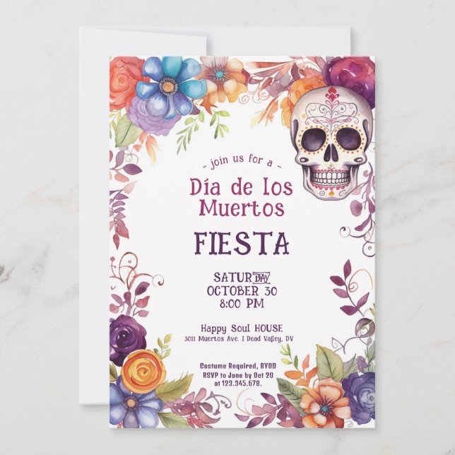 💀🎉 Watercolor Día de Muertos Party Invitation (Front)