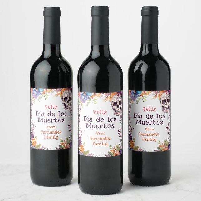 💀🎉 Watercolor Día de Muertos Party Wine Label (Bottles)