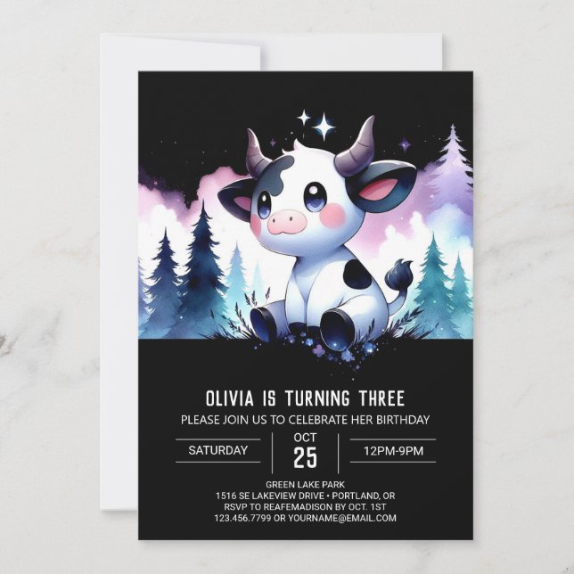 Watercolor Digital Cow Birthday Invitation (Front)