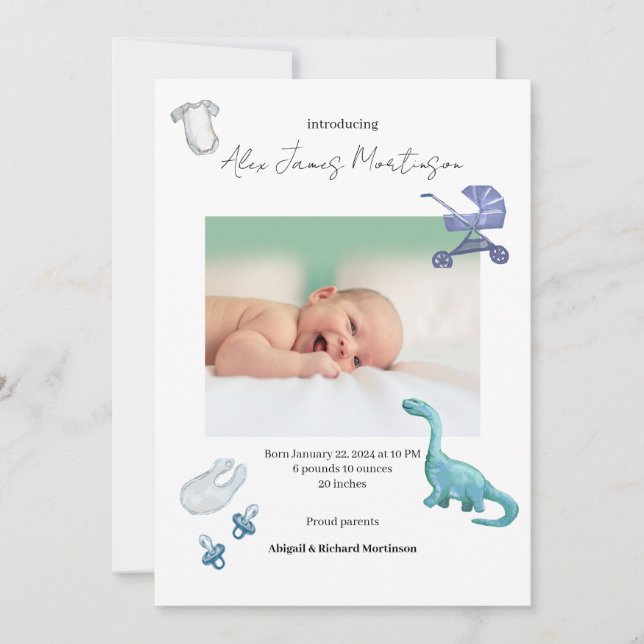 Watercolor Dino baby birth announcement (Front)