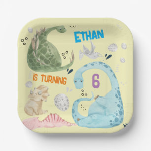 Watercolor Dino party kids birthday Paper Plate