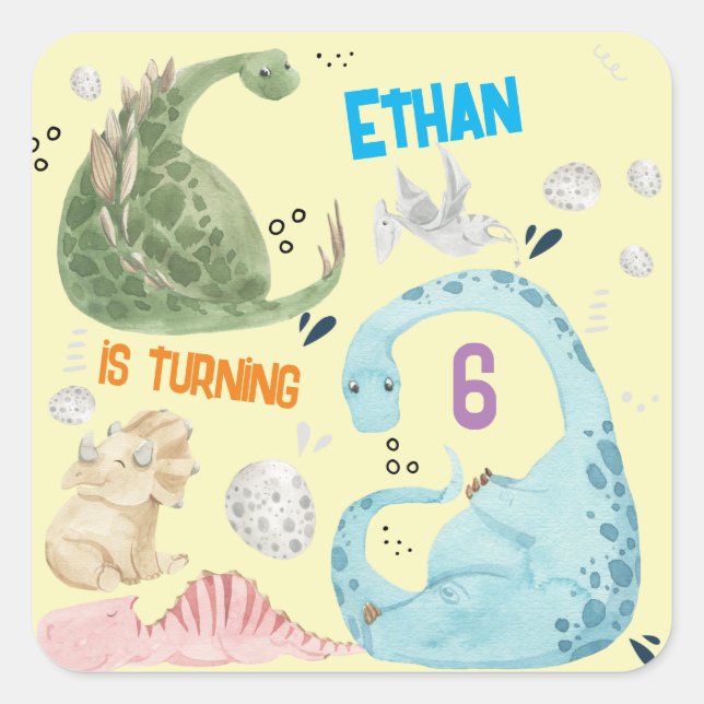 Watercolor Dino party kids birthday Square Sticker (Front)