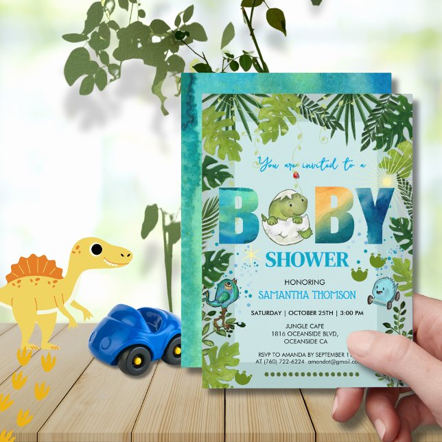 Watercolor Dino & Tropical Leaves Baby Shower  Invitation (Watercolor Dino & Tropical Leaves Baby Shower Invitation)
