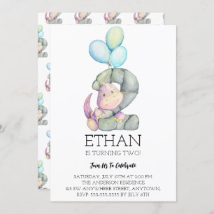 Watercolor Dinosaur 2nd Birthday Party Invitation