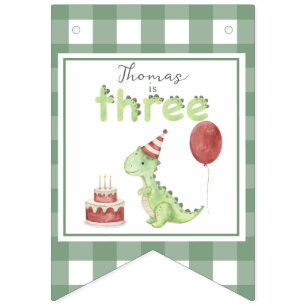 Watercolor Dinosaur 3 Three rex birthday Bunting