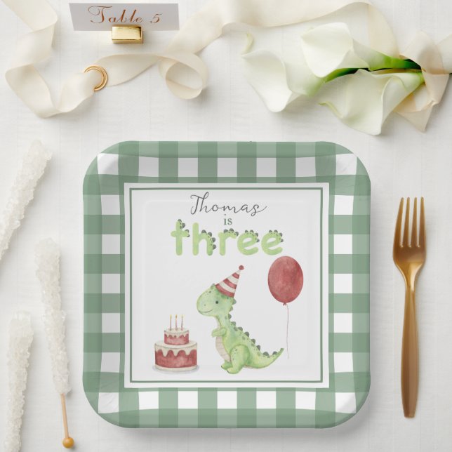 Watercolor Dinosaur 3rd birthday Paper Plate (Wedding)