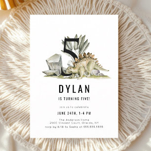 Watercolor Dinosaur 5th Birthday Party Invitation