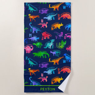 Watercolor Dinosaur Alphabet Colourful Dino Kids Beach Towel
