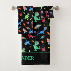 Watercolor Dinosaur Astronauts In Space Black Bath Towel Set