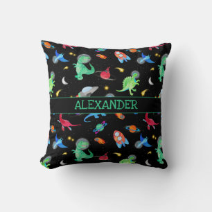 Watercolor Dinosaur Astronauts In Space Black Cushion