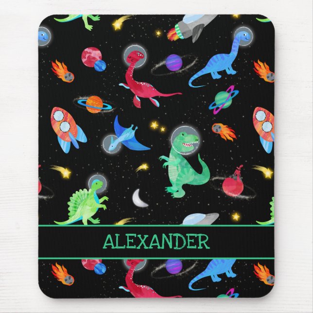 Watercolor Dinosaur Astronauts In Space Black Mouse Pad (Front)