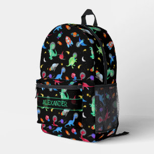 Watercolor Dinosaur Astronauts In Space Black Printed Backpack