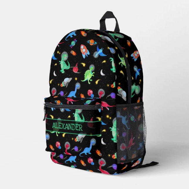Watercolor Dinosaur Astronauts In Space Black Printed Backpack (Back Corner Right)