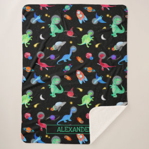 Watercolor Dinosaur Astronauts In Space Black Sherpa Blanket