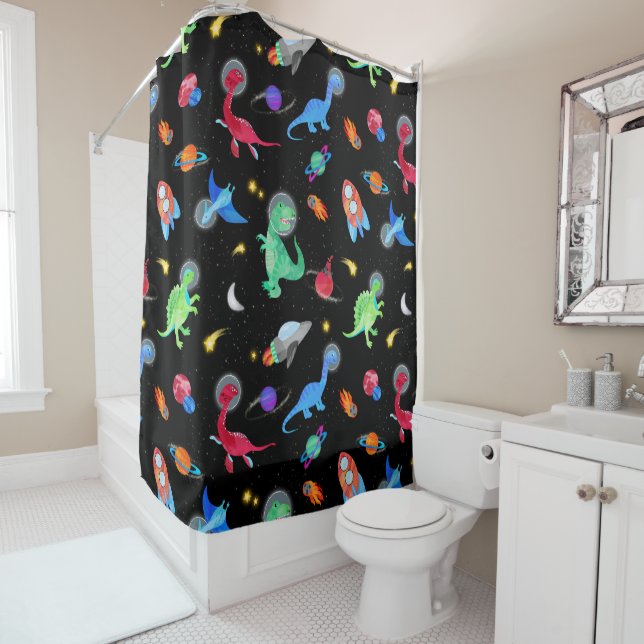 Watercolor Dinosaur Astronauts In Space Black Shower Curtain (In Situ)