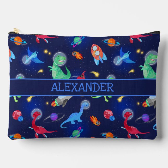 Watercolor Dinosaur Astronauts In Space Blue Accessory Pouch (Front)