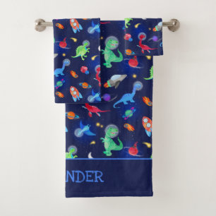 Watercolor Dinosaur Astronauts In Space Blue Bath Towel Set