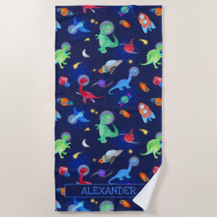 Watercolor Dinosaur Astronauts In Space Blue Beach Towel