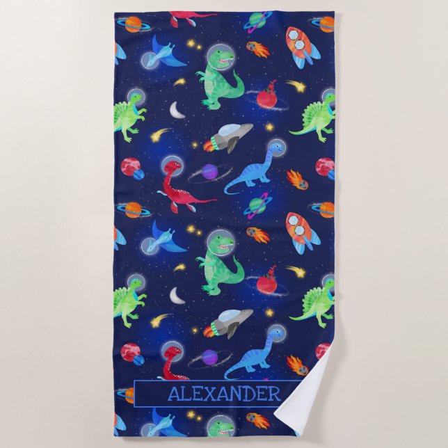 Watercolor Dinosaur Astronauts In Space Blue Beach Towel (Front)