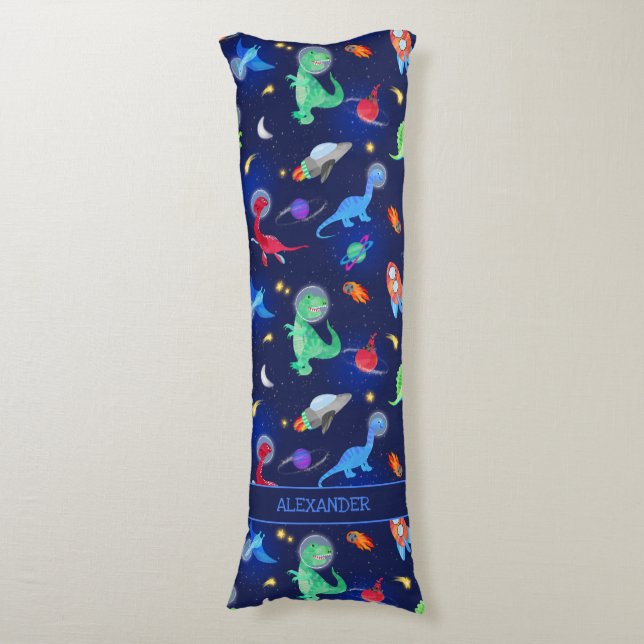 Watercolor Dinosaur Astronauts In Space Blue Body Cushion (Front Vertical)