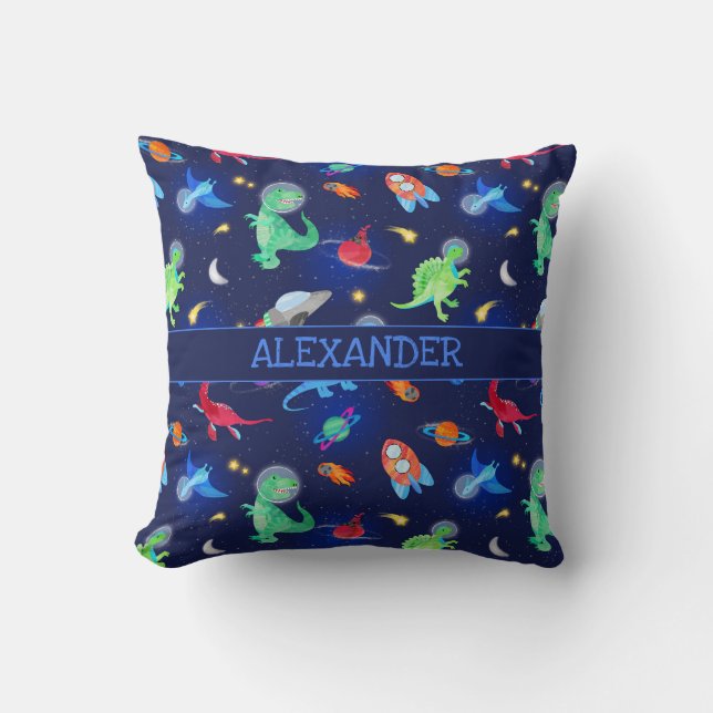 Watercolor Dinosaur Astronauts In Space Blue Cushion (Front)