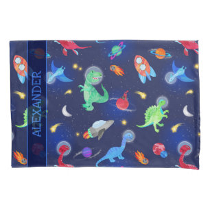 Watercolor Dinosaur Astronauts In Space Blue Pillowcase