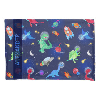 Watercolor Dinosaur Astronauts In Space Blue Pillowcase
