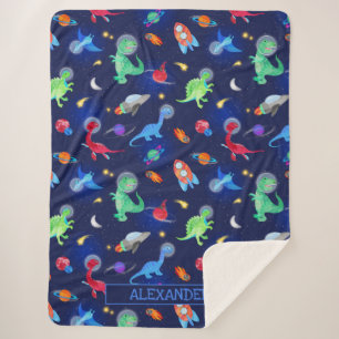 Watercolor Dinosaur Astronauts In Space Blue Sherpa Blanket