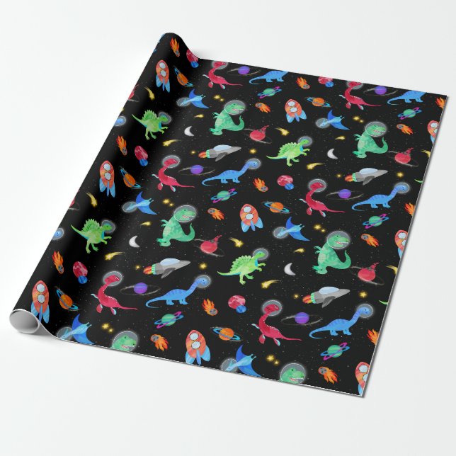 Watercolor Dinosaur Astronauts In Space Blue Wrapping Paper (Unrolled)