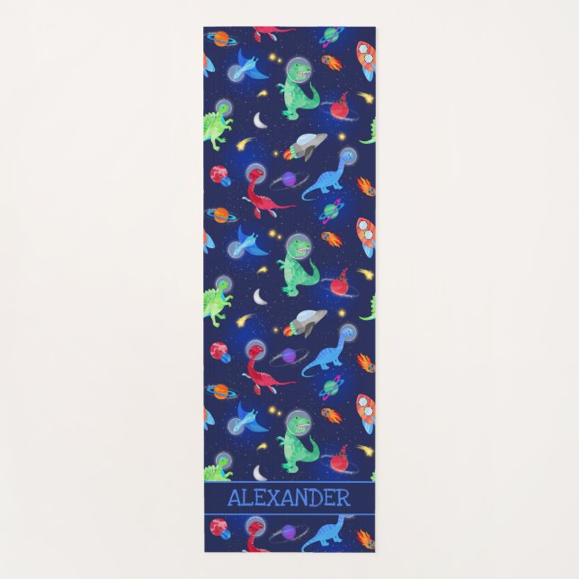 Watercolor Dinosaur Astronauts In Space Blue Yoga Mat (Front)