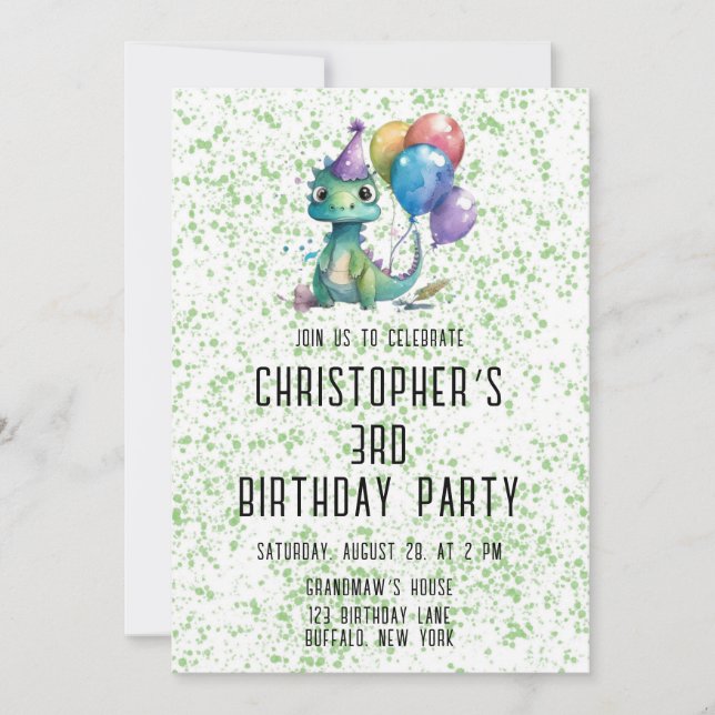 Watercolor Dinosaur Balloons Boy Birthday Party Invitation (Front)
