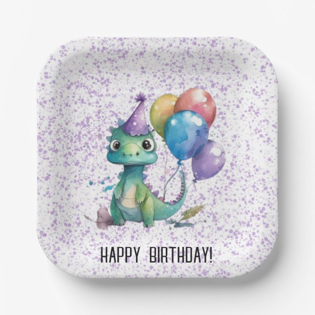 Watercolor Dinosaur Balloons Girl Birthday Party Paper Plate (Front)