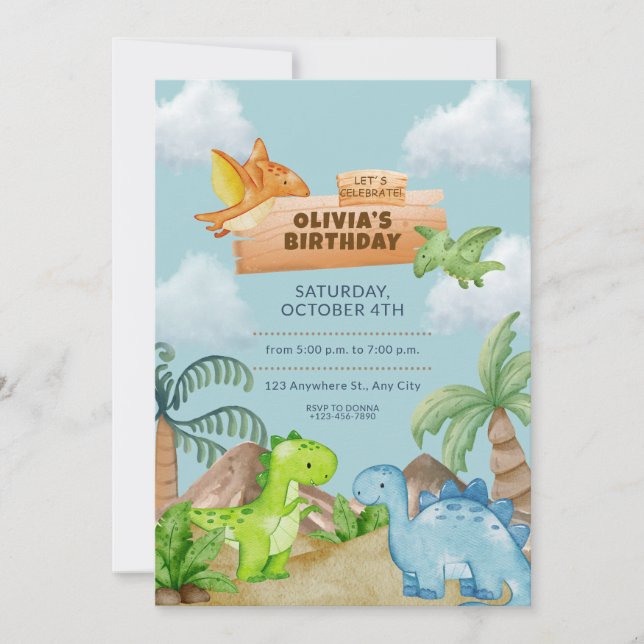 Watercolor Dinosaur Birthday Invitation (Front)