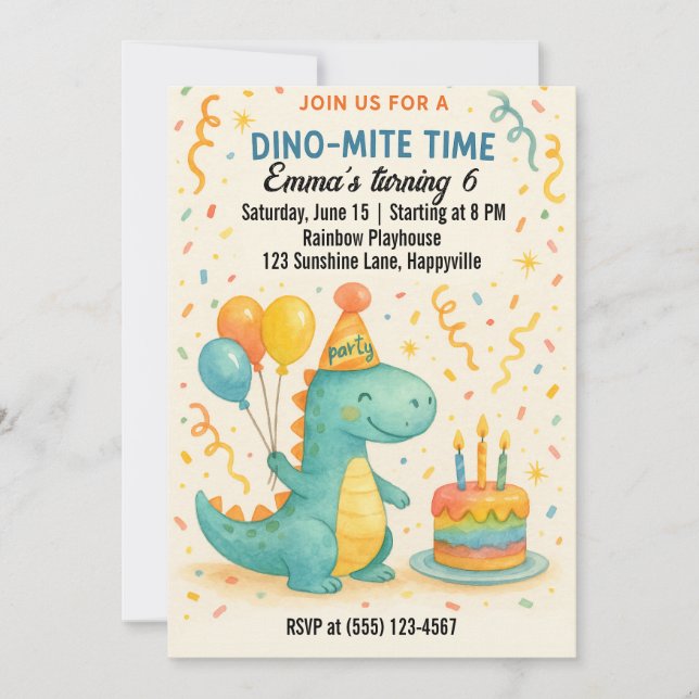 Watercolor Dinosaur Birthday Invitation For Kids (Front)
