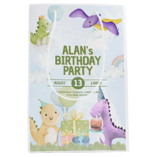 Watercolor Dinosaur Birthday Invites Medium Gift Bag