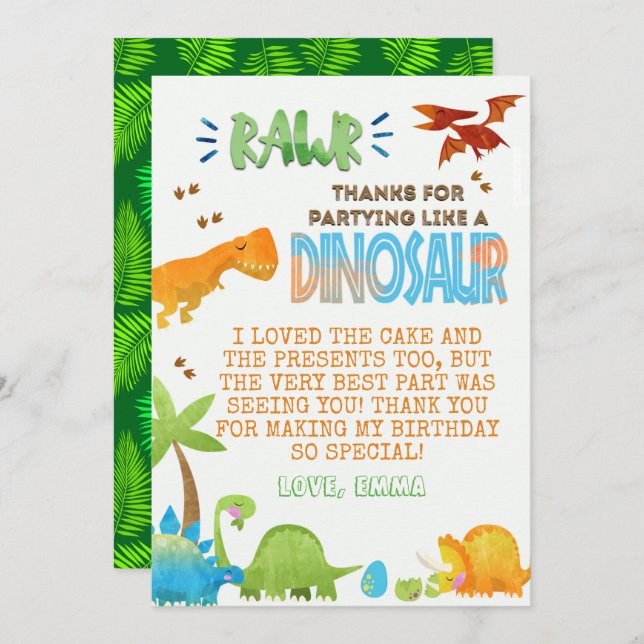 Watercolor Dinosaur Birthday Thank You card  (Front/Back)