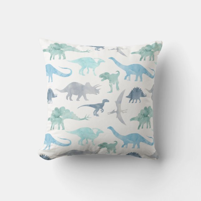 Watercolor Dinosaur Blue Green Cushion (Front)