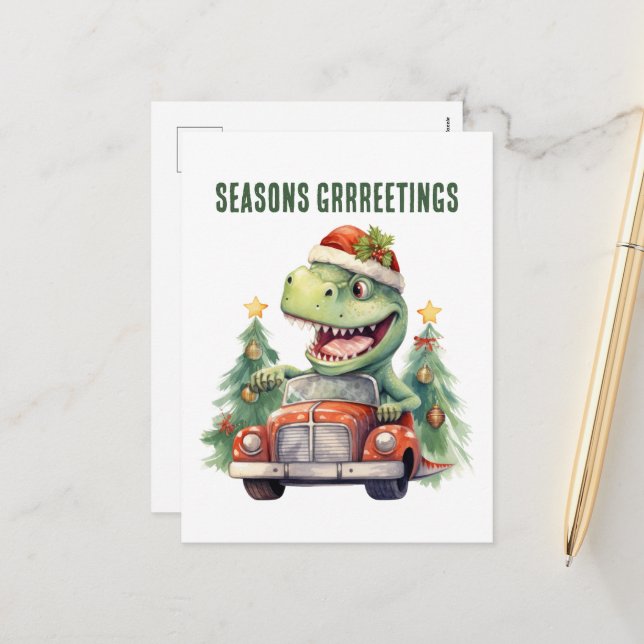 Watercolor dinosaur Christmas car  Holiday Postcard (Front/Back In Situ)