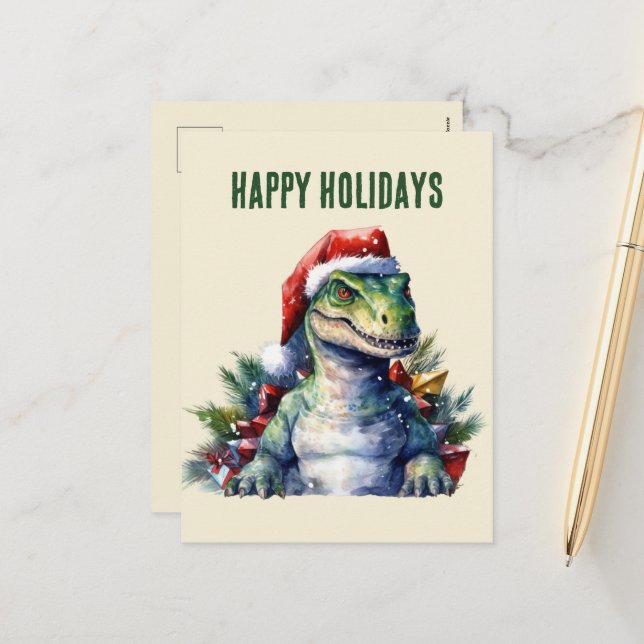 Watercolor dinosaur Christmas Santa Holiday Postca (Front/Back In Situ)