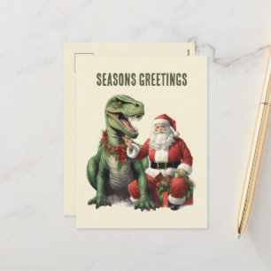 Watercolor dinosaur Christmas Santa  Holiday Postcard