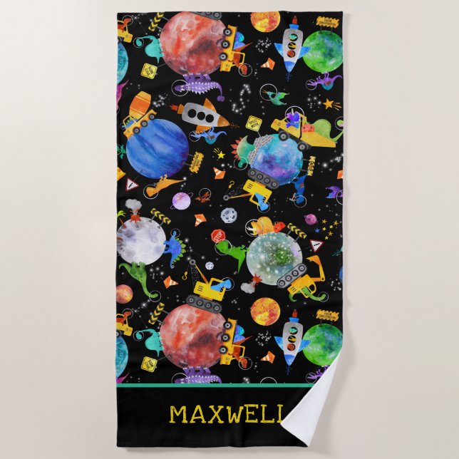 Watercolor Dinosaur Construction Crew Space Kids Beach Towel (Front)