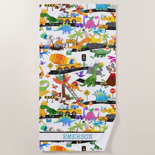 Watercolor Dinosaur Construction Kids Cute Beach Towel (Front)
