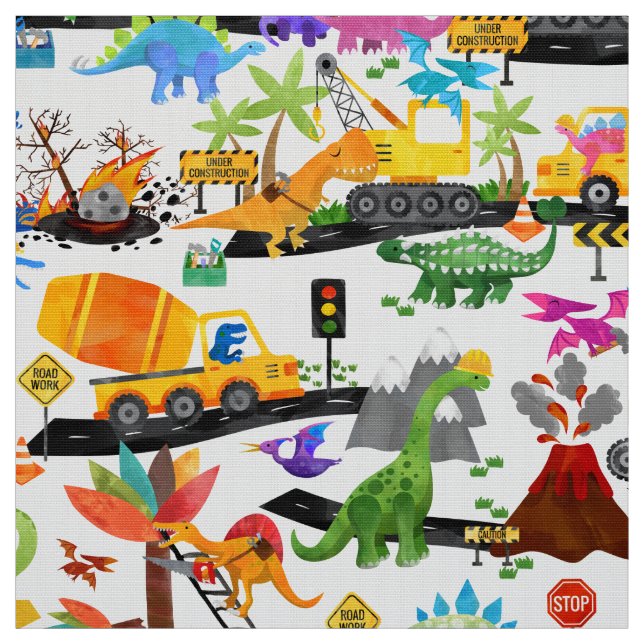 Watercolor Dinosaur Construction Kids Cute Pattern Fabric (Swatch)