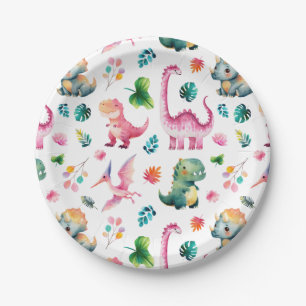 Watercolor Dinosaur Dig Fossil Dino Pattern Cute  Paper Plate