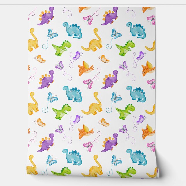 Watercolor Dinosaur Dino Butterfly Baby Girl  Wallpaper (Unrolling)