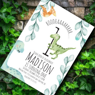 Watercolor Dinosaur First Birthday Party Blue Invitation