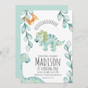 Watercolor Dinosaur First Birthday Party Blue Invitation