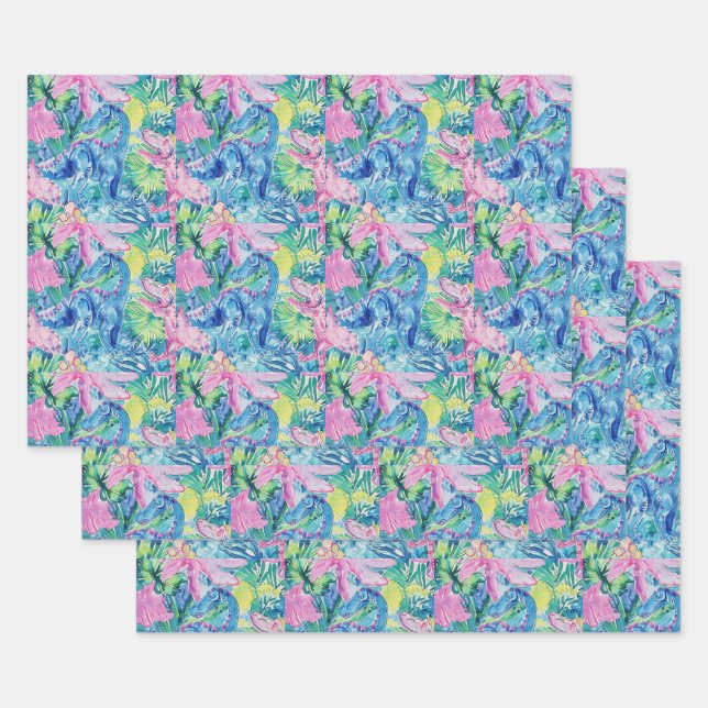 Watercolor Dinosaur Gift Wrap, Kids Dino Wrapping  Paper Sheet (Set)