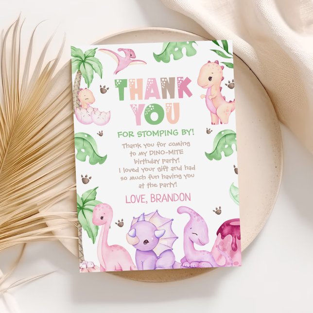Watercolor Dinosaur Girl 1st Birthday Party Thank You Card (Creator Uploaded)